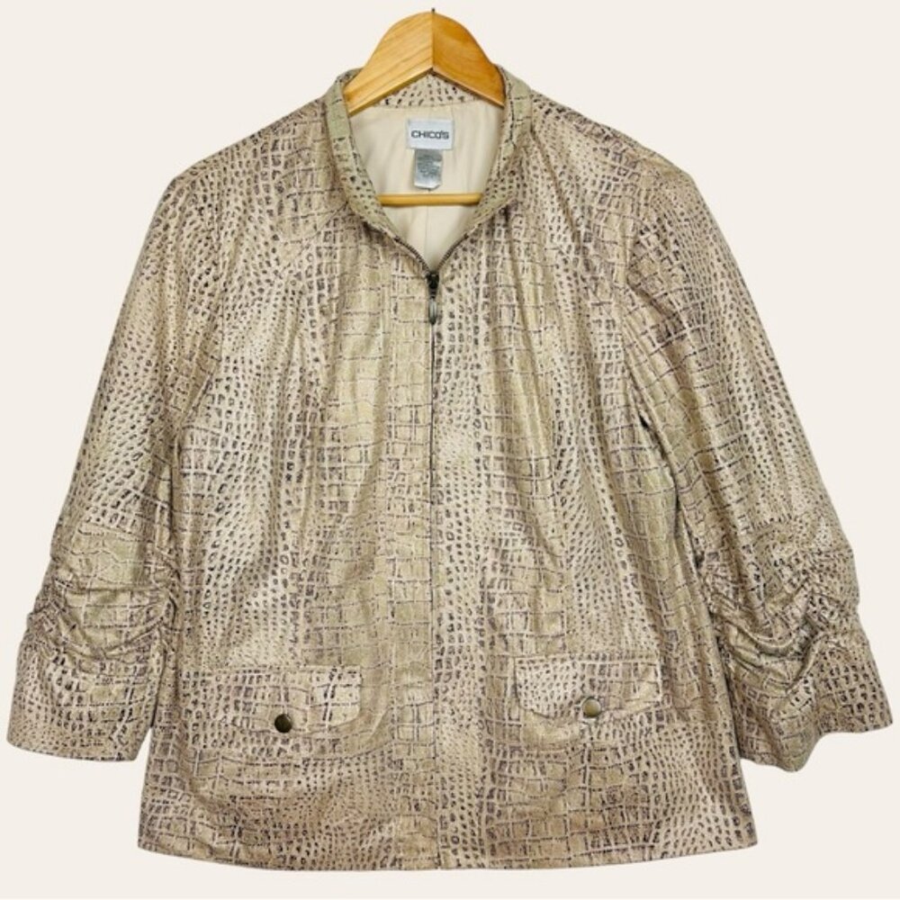 Chicos Fau Suede Snakeskin Ruched Sleeve Zip Up Metallic Lightweight Jacket 8